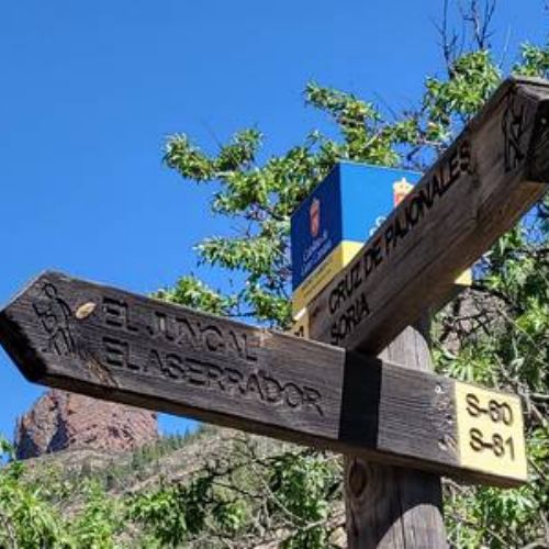 Panneau en bois des chemins de randonnnee a El Juncal